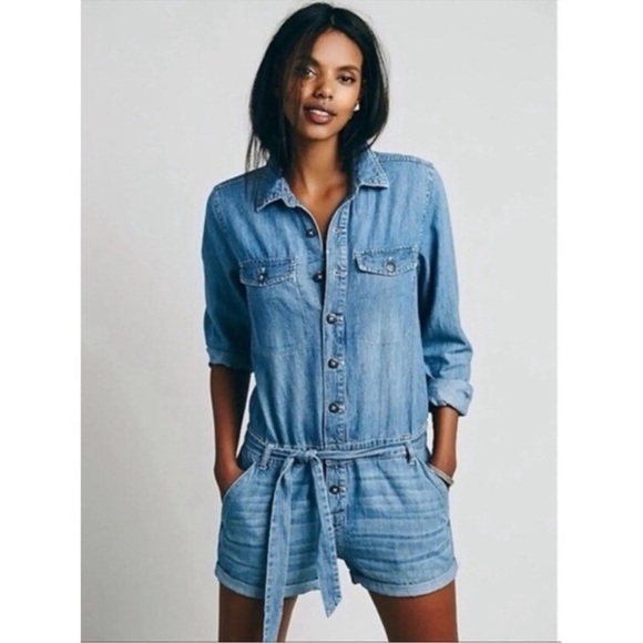 Free People Pants - Free People Rivet Blue Denim Jean Chambray Long Sleeve Romper Large
